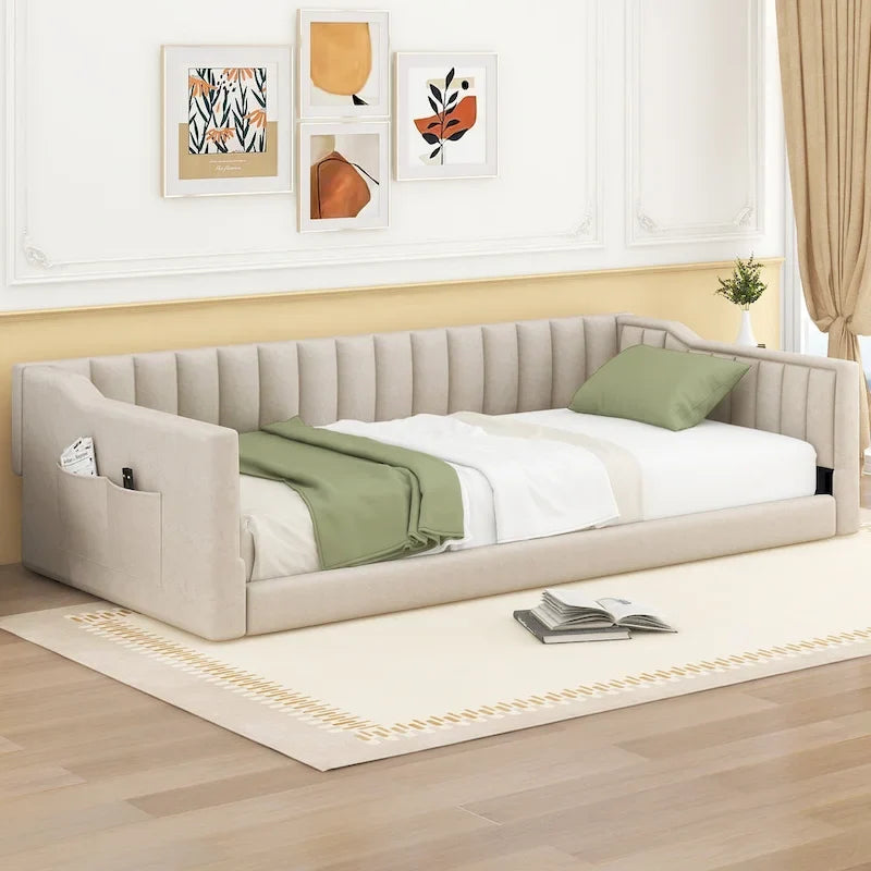 Twin XL Size Upholstery Daybed and Side Storage pocket