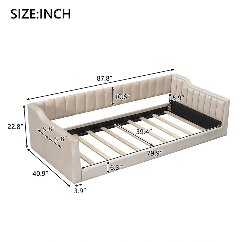 Twin XL Size Upholstery Daybed and Side Storage pocket