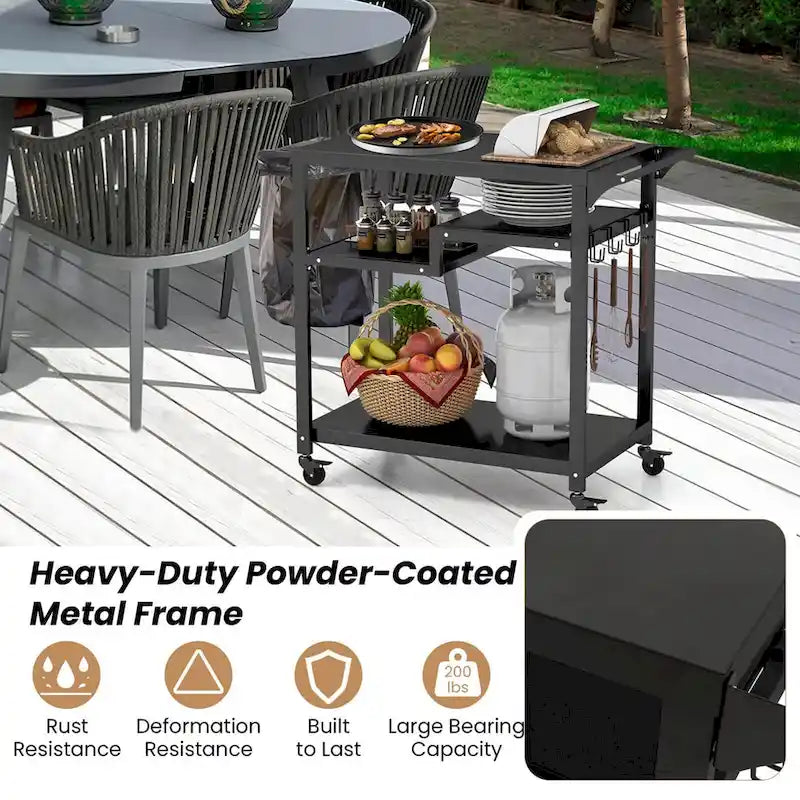 Costway Rolling Grill Cart 3-Shelf BBQ Table Pizza Oven Stand with - See Details
