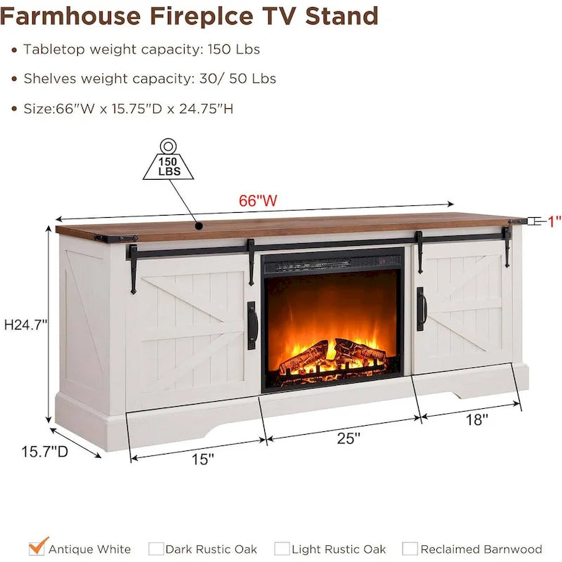 Farmhouse Fireplace TV Stand for 75 TV, Rustic Entertainment Center