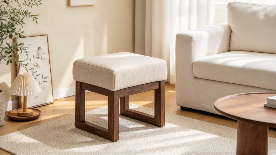Hocker im Mid-Century-Modern-Stil mit hellbeigem Polster