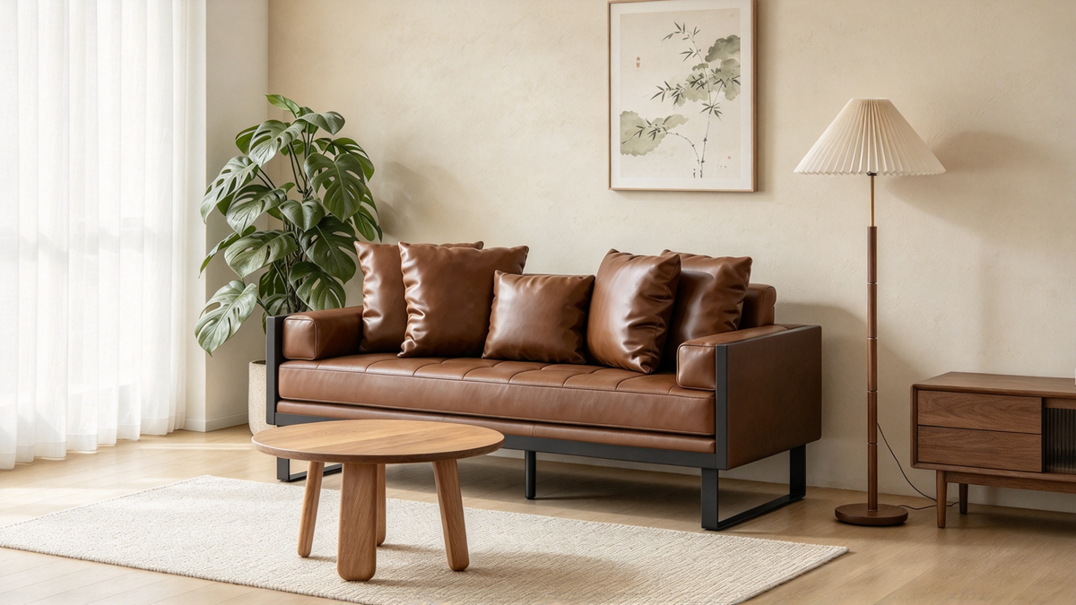 Faux Leather Upholstered Oversized Loveseat with Accent Pillows