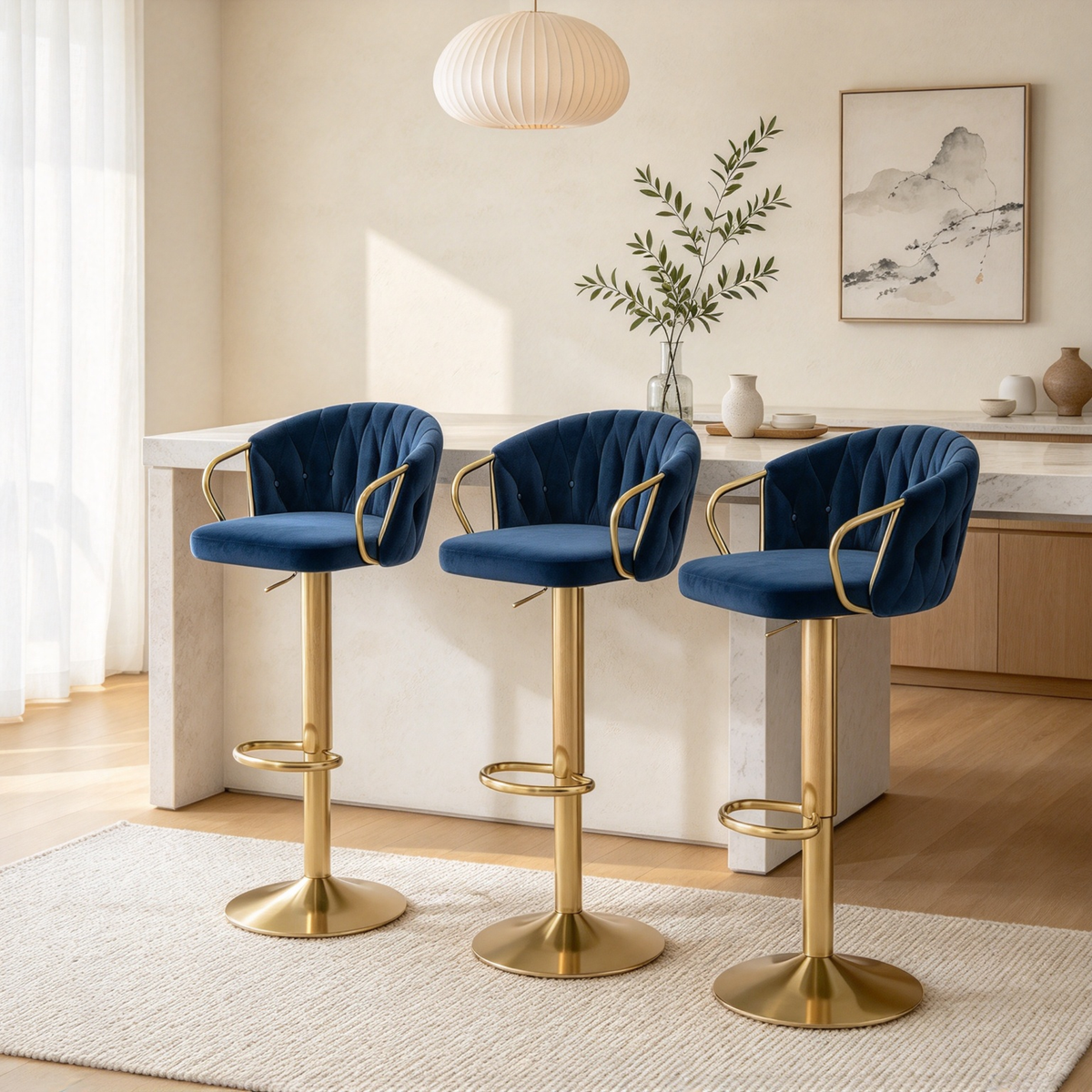Set of 4 Bar Stool Adjustable Height Swivel Velvet Woven