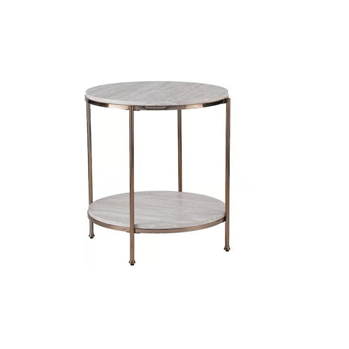 HomeRoots 24 Champagne Faux Marble And Iron Round End Table With Shelf - 22x22x24.25