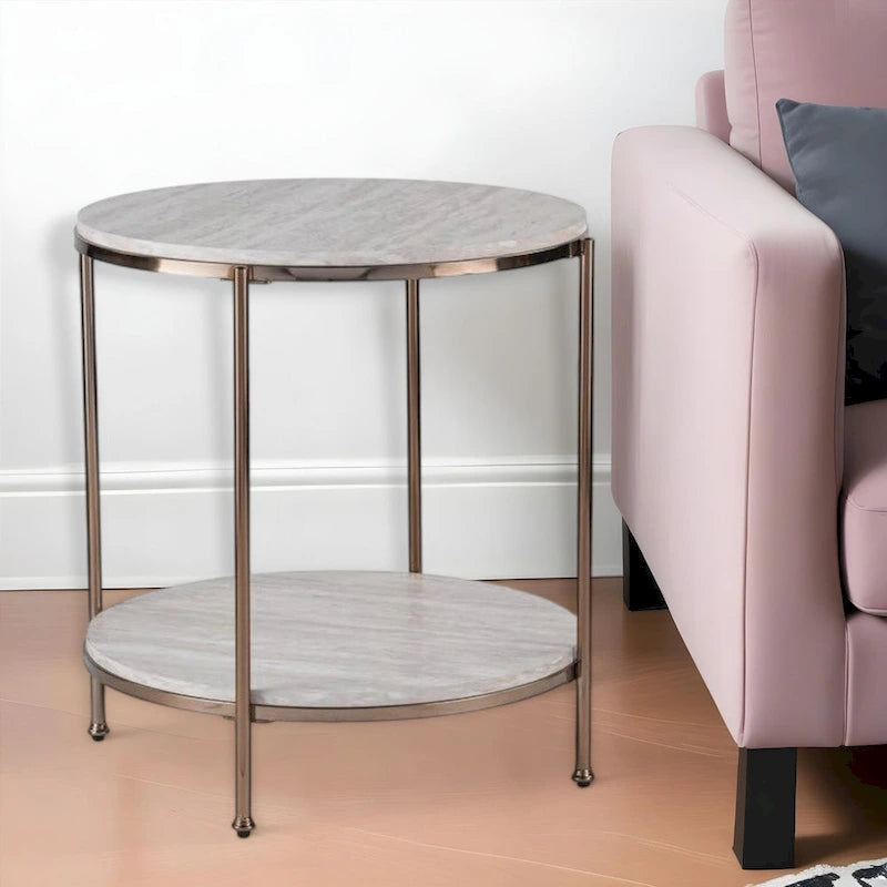 24" Champagne Faux Marble And Iron Round End Table With Shelf - 22x22x24.25