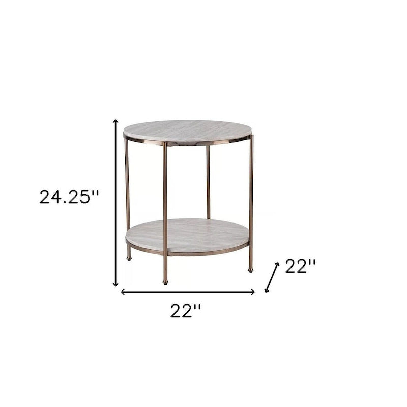 24" Champagne Faux Marble And Iron Round End Table With Shelf - 22x22x24.25
