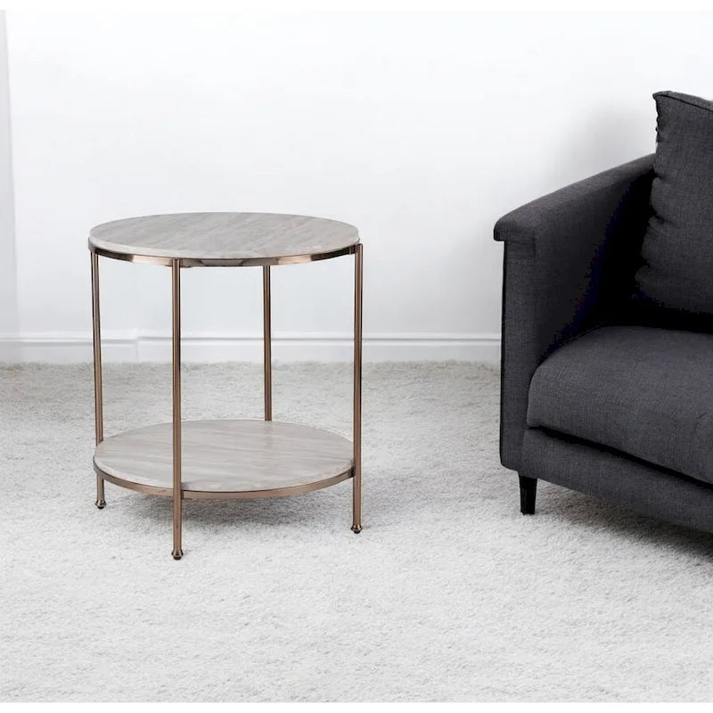 24" Champagne Faux Marble And Iron Round End Table With Shelf - 22x22x24.25