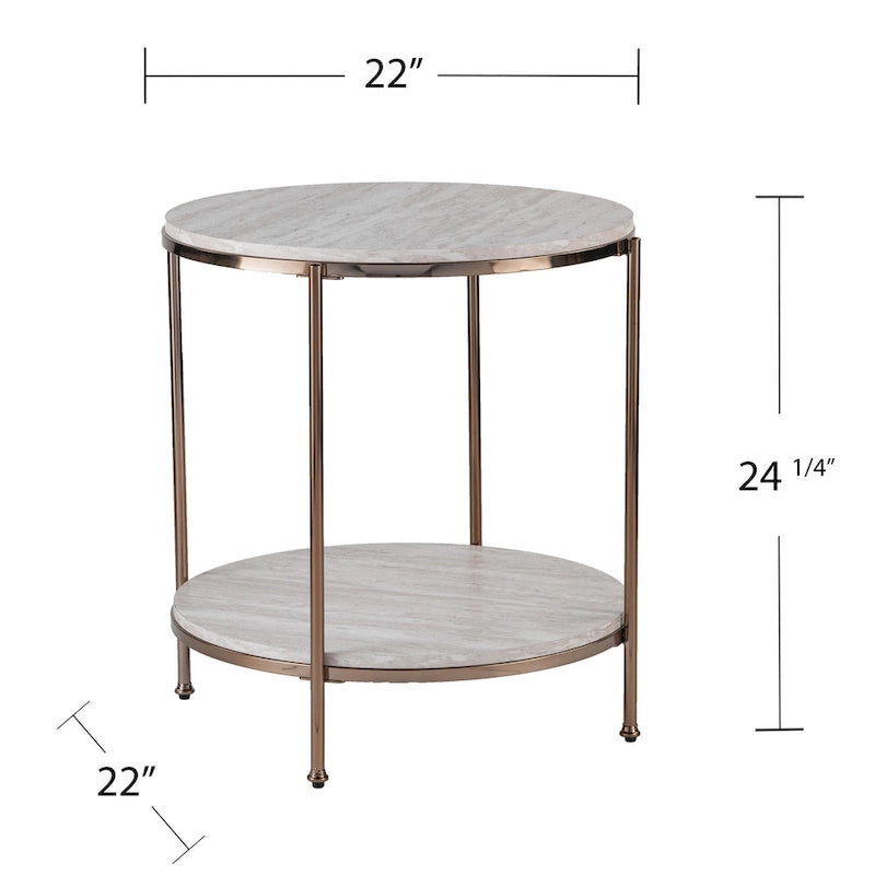 24" Champagne Faux Marble And Iron Round End Table With Shelf - 22x22x24.25