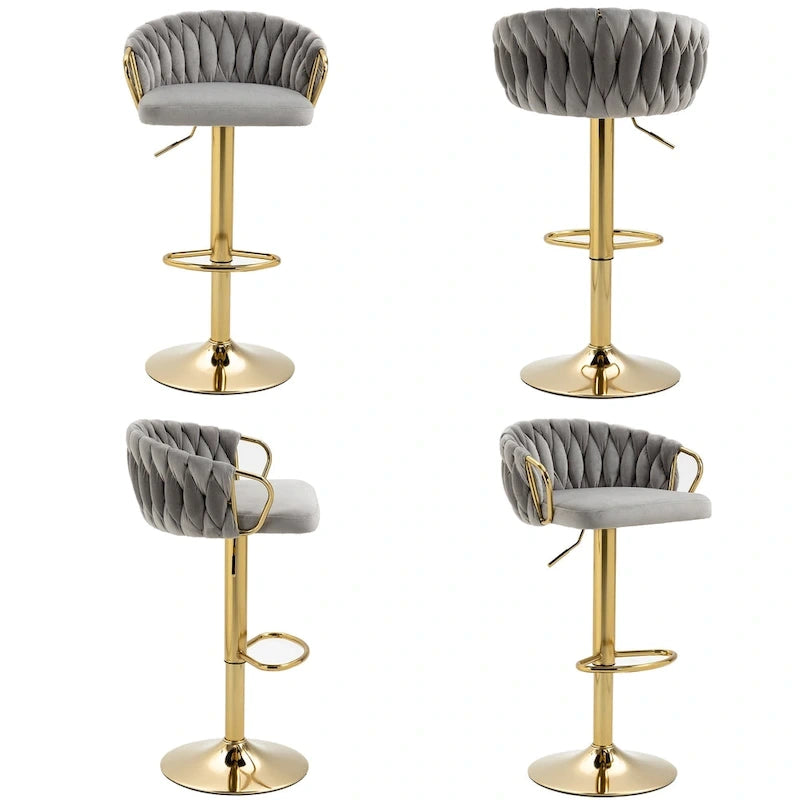 Set of 4 Bar Stool Adjustable Height Swivel Velvet Woven
