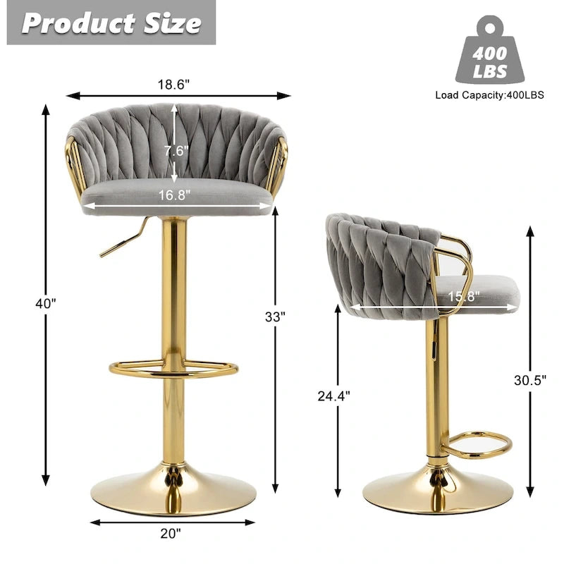 Set of 4 Bar Stool Adjustable Height Swivel Velvet Woven