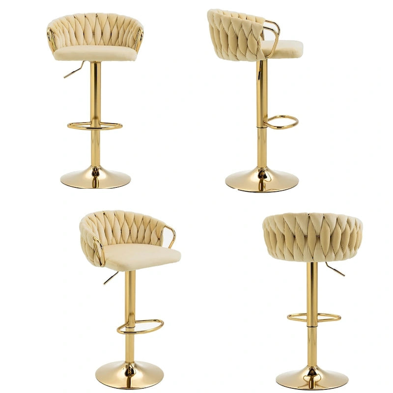 Set of 4 Bar Stool Adjustable Height Swivel Velvet Woven