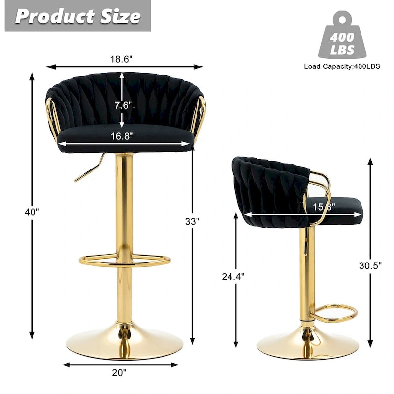 Set of 4 Bar Stool Adjustable Height Swivel Velvet Woven