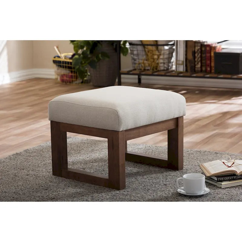 Mid-century Modern Light Beige Upholstered Ottoman Stool