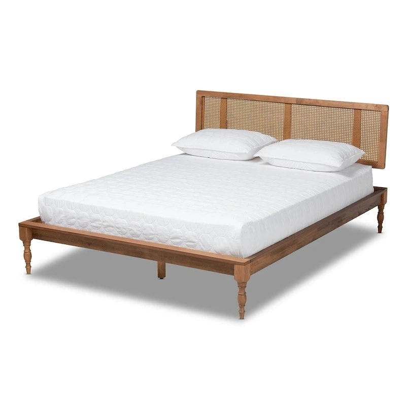 Wood and Synthetic Rattan Platform Bed