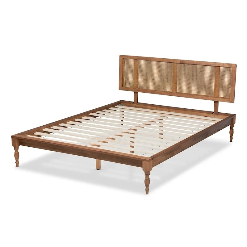 Wood and Synthetic Rattan Platform Bed