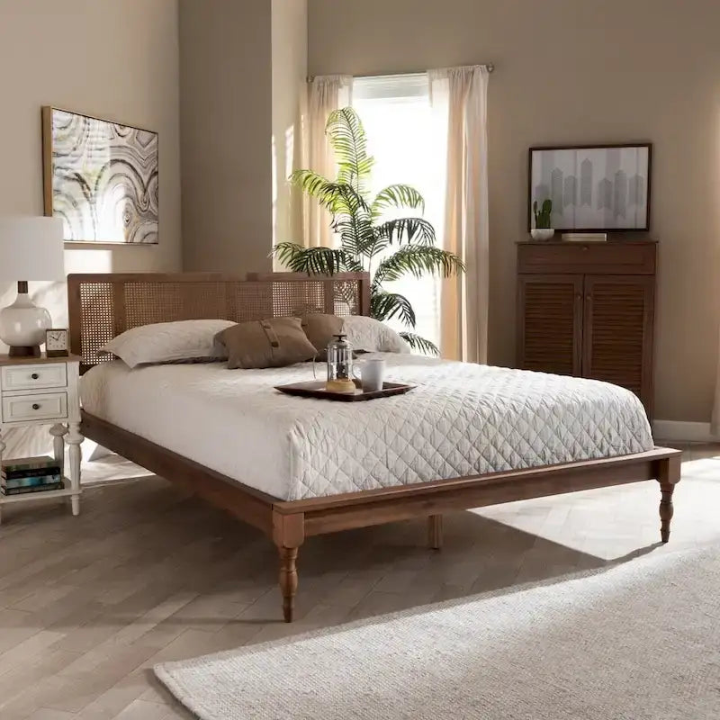 Wood and Synthetic Rattan Platform Bed