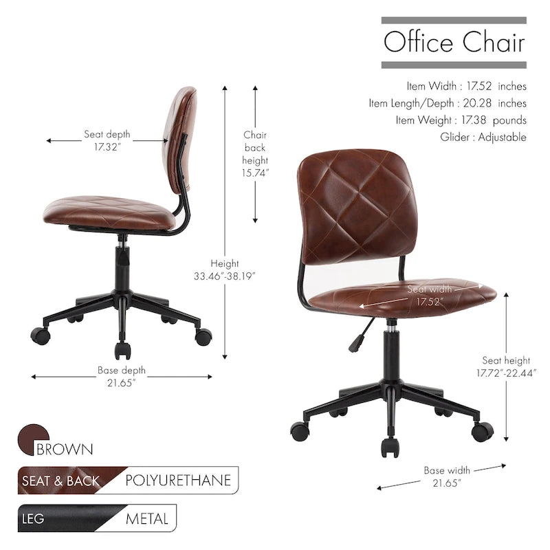 Armless Swivel Office Chair, Tufted PU Leather Upholstery