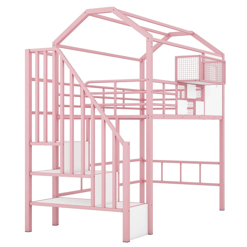 Metal Loft Bed with roof design and a storage box, Twin, Black