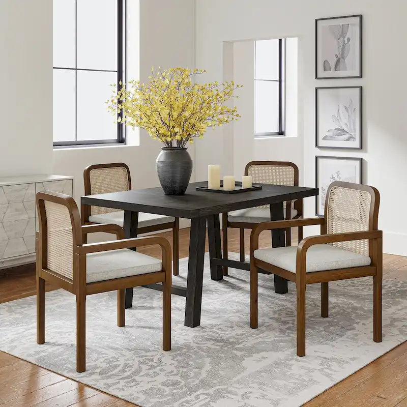 Modern Rattan Back Dining Chair with Removable Cushion, Set of 4