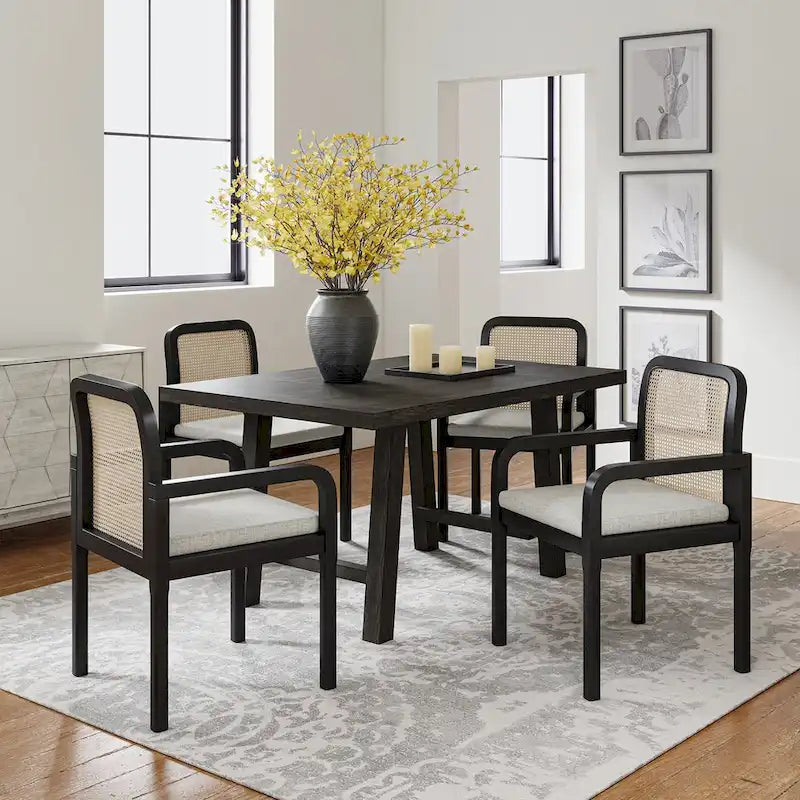 Modern Rattan Back Dining Chair with Removable Cushion, Set of 4