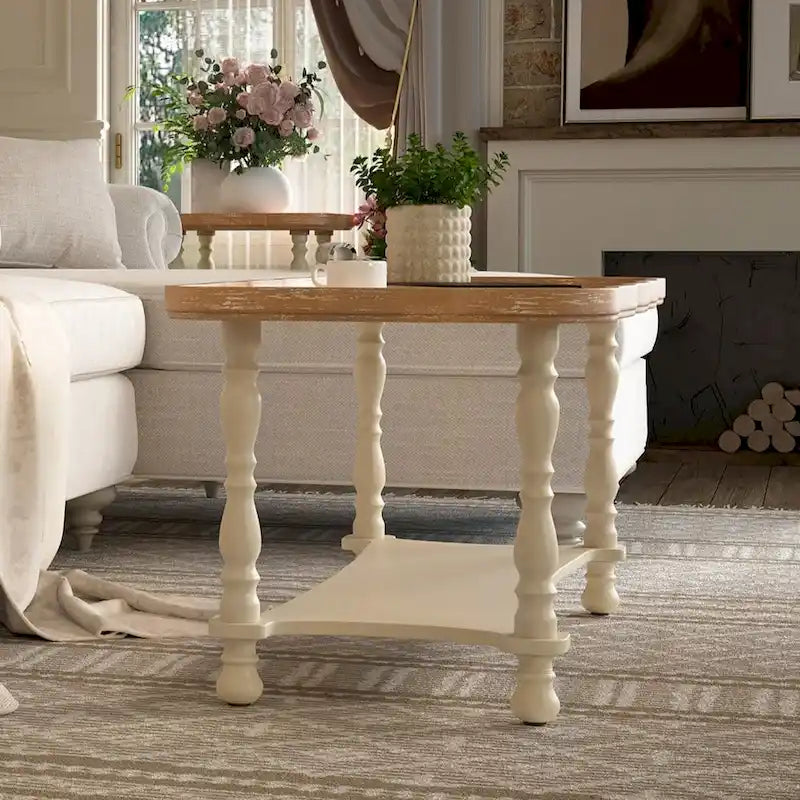 French Farmhouse Coffee Table with Natural Tray Top and Shelf