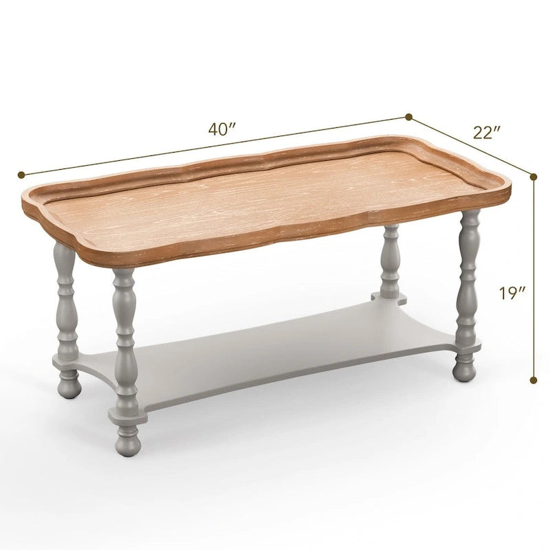 French Farmhouse Coffee Table with Natural Tray Top and Shelf