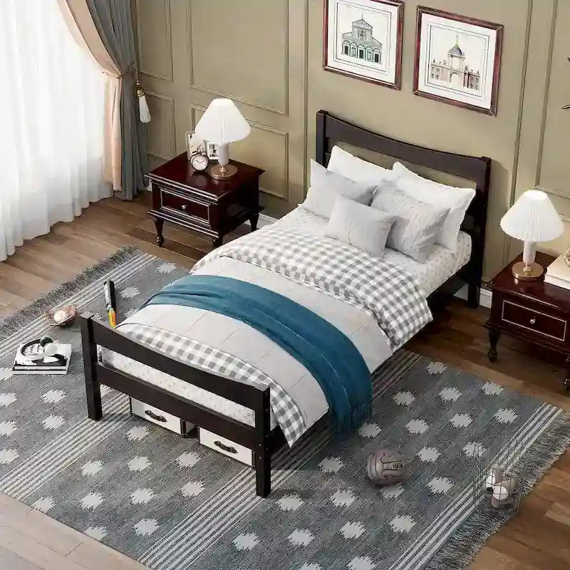 Gymax Twin Size Platform Bed Frame Foundation w/Headboard &Wood Slat - Espresso