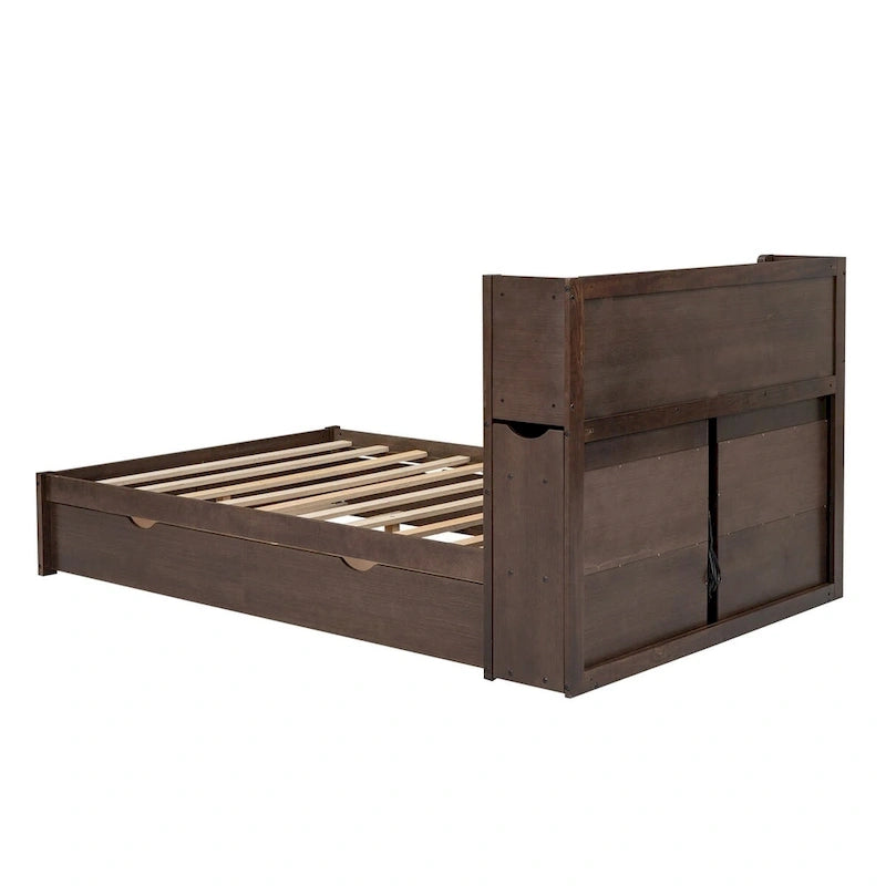 Merax Full Size Storage Platform Bed with Pull Out Shelves, Twin Size Trundle and 2 Drawers