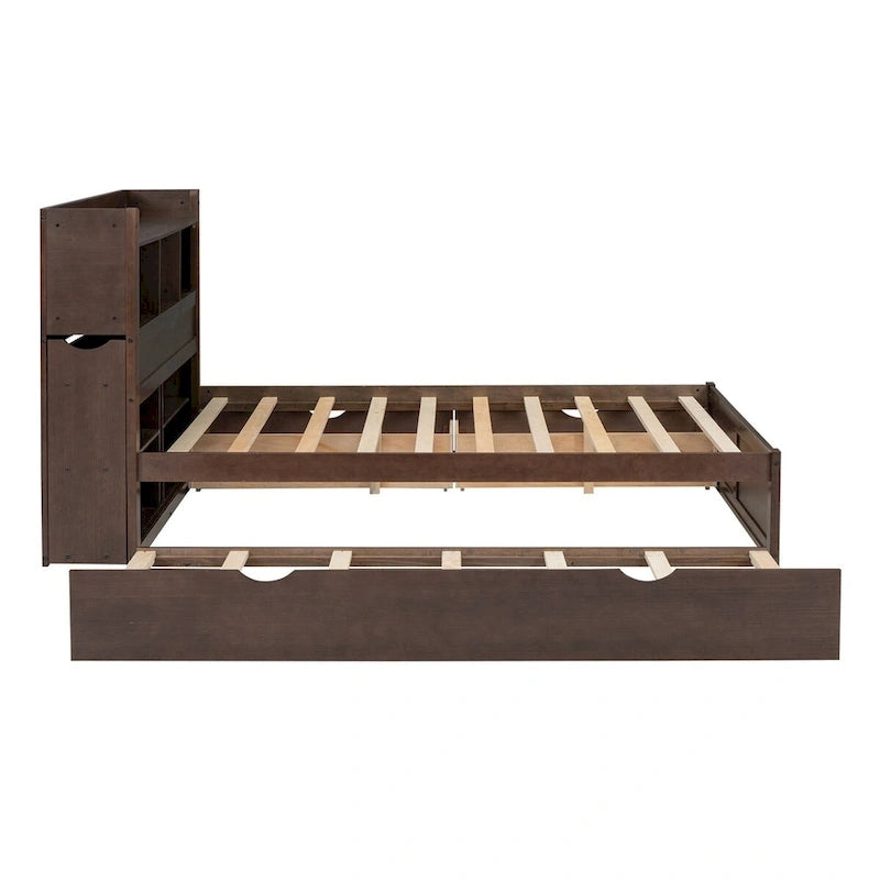 Merax Full Size Storage Platform Bed with Pull Out Shelves, Twin Size Trundle and 2 Drawers