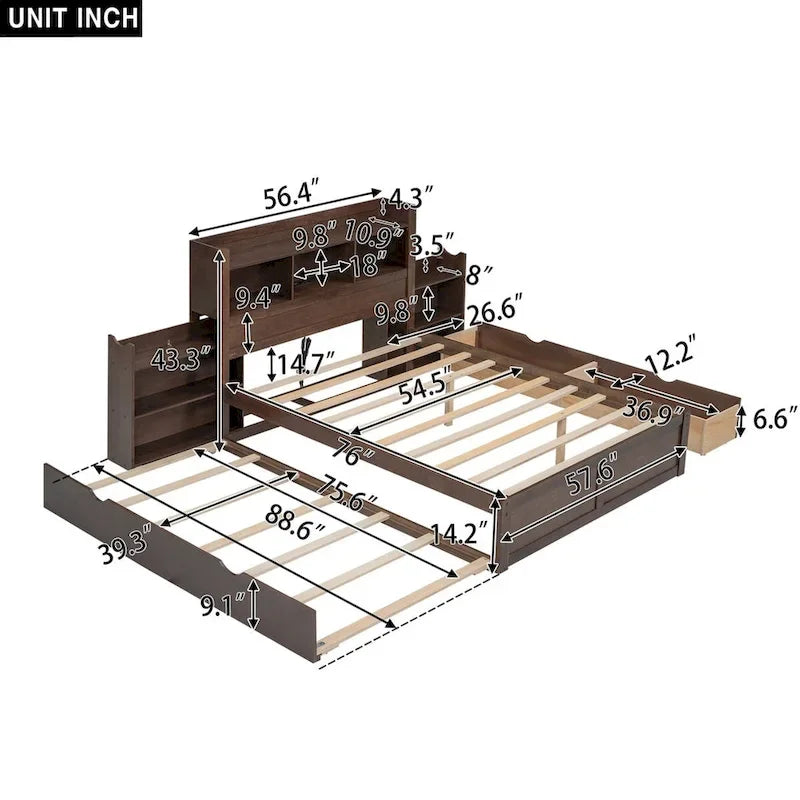 Merax Full Size Storage Platform Bed with Pull Out Shelves, Twin Size Trundle and 2 Drawers