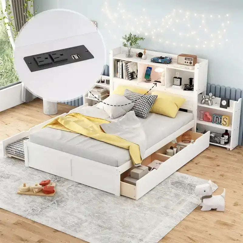 Merax Full Size Storage Platform Bed with Pull Out Shelves, Twin Size Trundle and 2 Drawers