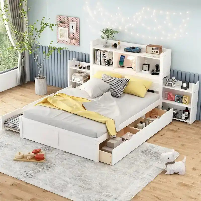 Merax Full Size Storage Platform Bed with Pull Out Shelves, Twin Size Trundle and 2 Drawers