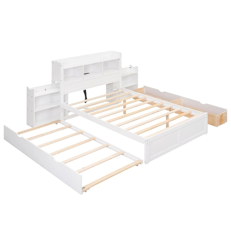 Merax Full Size Storage Platform Bed with Pull Out Shelves, Twin Size Trundle and 2 Drawers