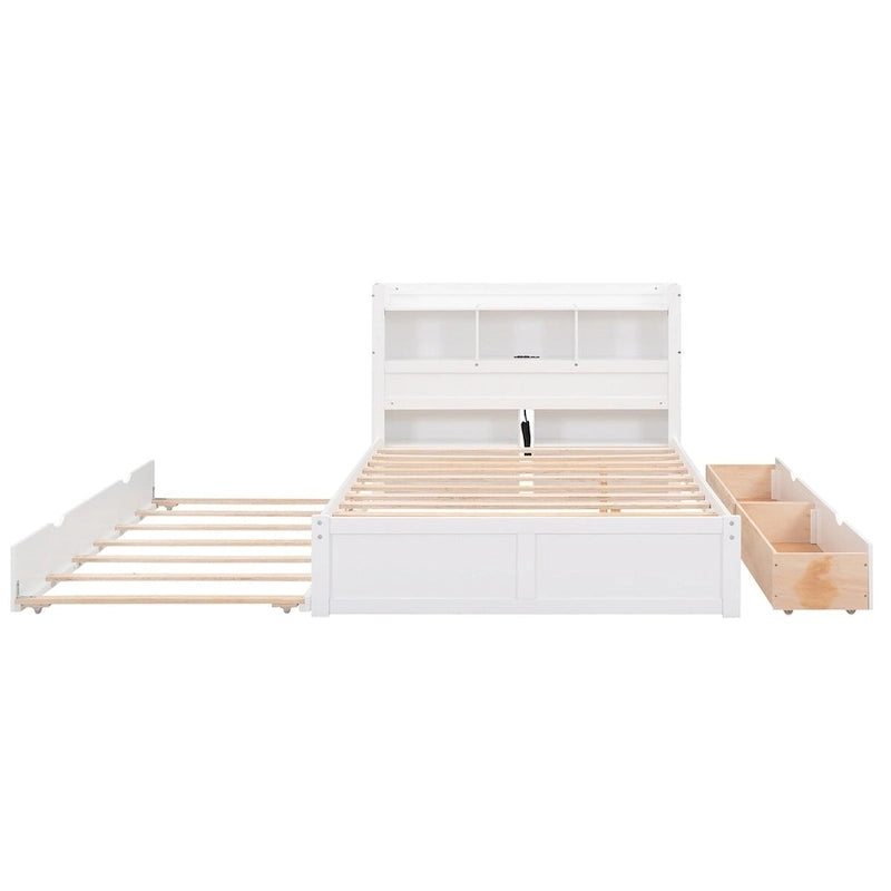 Merax Full Size Storage Platform Bed with Pull Out Shelves, Twin Size Trundle and 2 Drawers