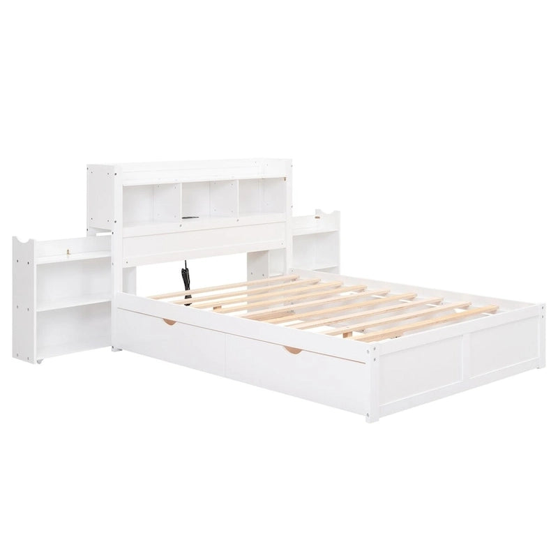 Merax Full Size Storage Platform Bed with Pull Out Shelves, Twin Size Trundle and 2 Drawers