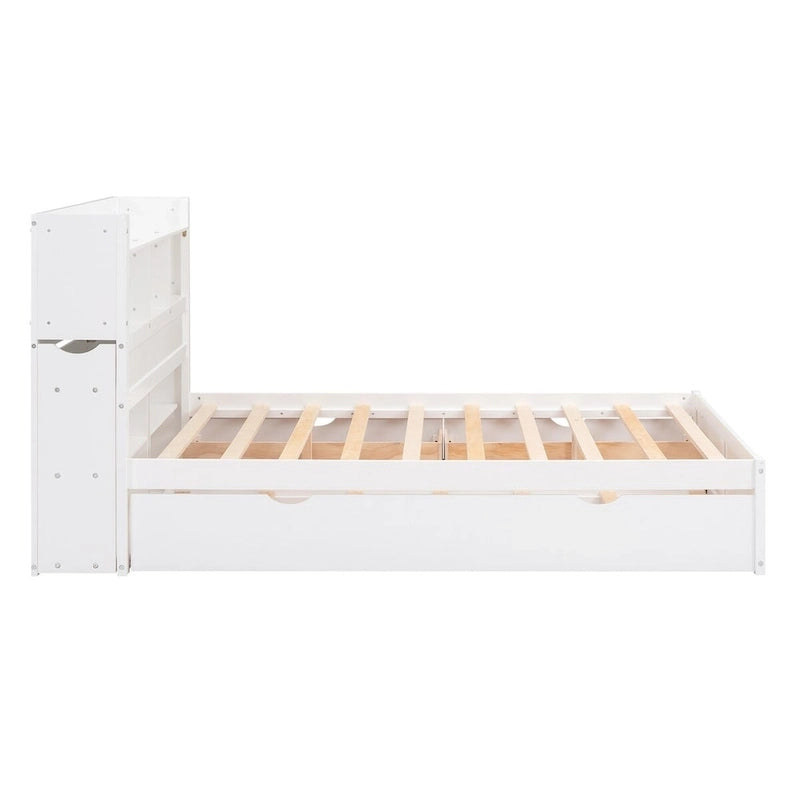 Merax Full Size Storage Platform Bed with Pull Out Shelves, Twin Size Trundle and 2 Drawers