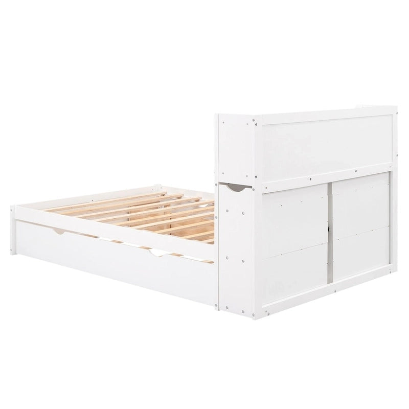 Merax Full Size Storage Platform Bed with Pull Out Shelves, Twin Size Trundle and 2 Drawers