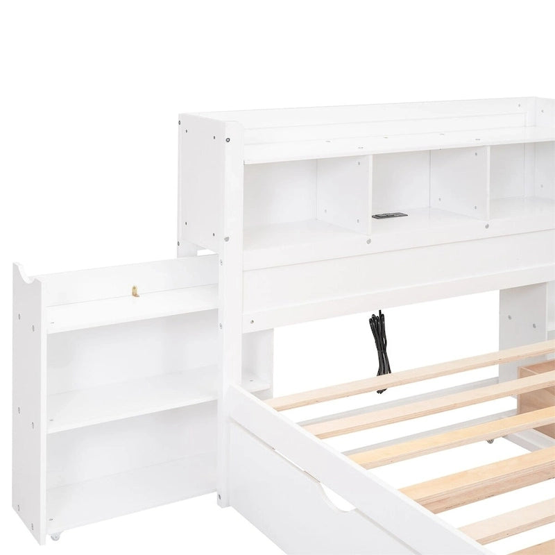 Merax Full Size Storage Platform Bed with Pull Out Shelves, Twin Size Trundle and 2 Drawers