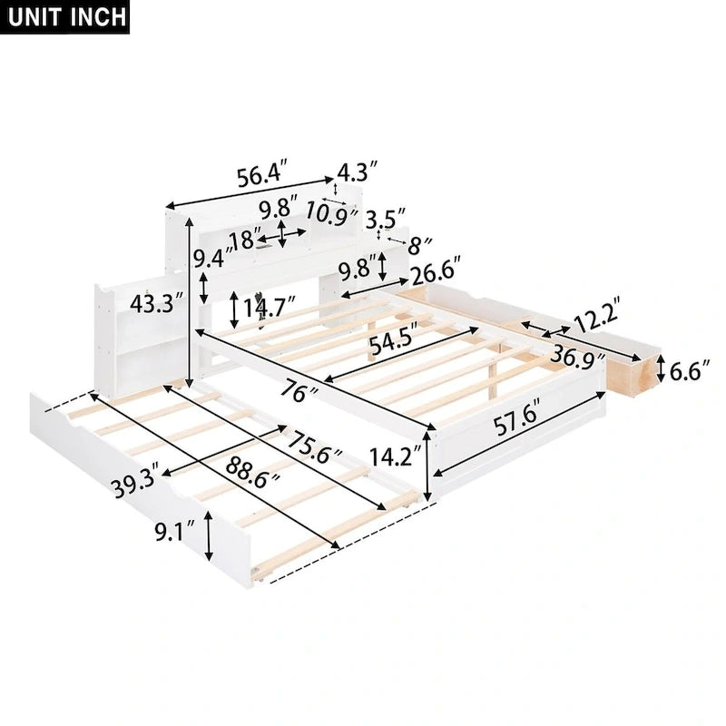 Merax Full Size Storage Platform Bed with Pull Out Shelves, Twin Size Trundle and 2 Drawers