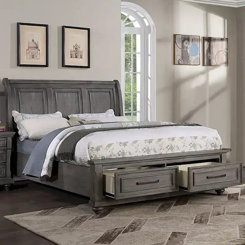 Sleigh Storage Bed with 2 Underbed Drawers in Antique Grey Oak