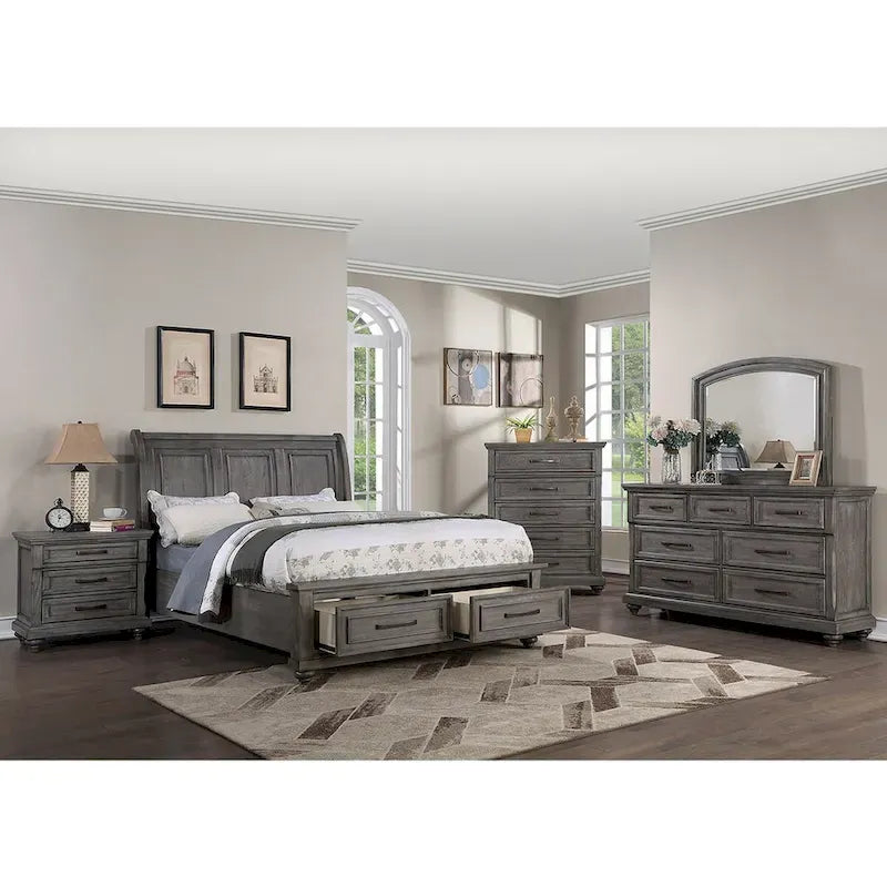 Sleigh Storage Bed with 2 Underbed Drawers in Antique Grey Oak