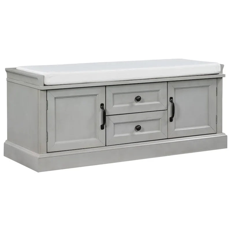 Storage Bench with 2 Drawers, 2 Cabinets and Removable Cushion - 42.5L x 15.9W x 17.5H