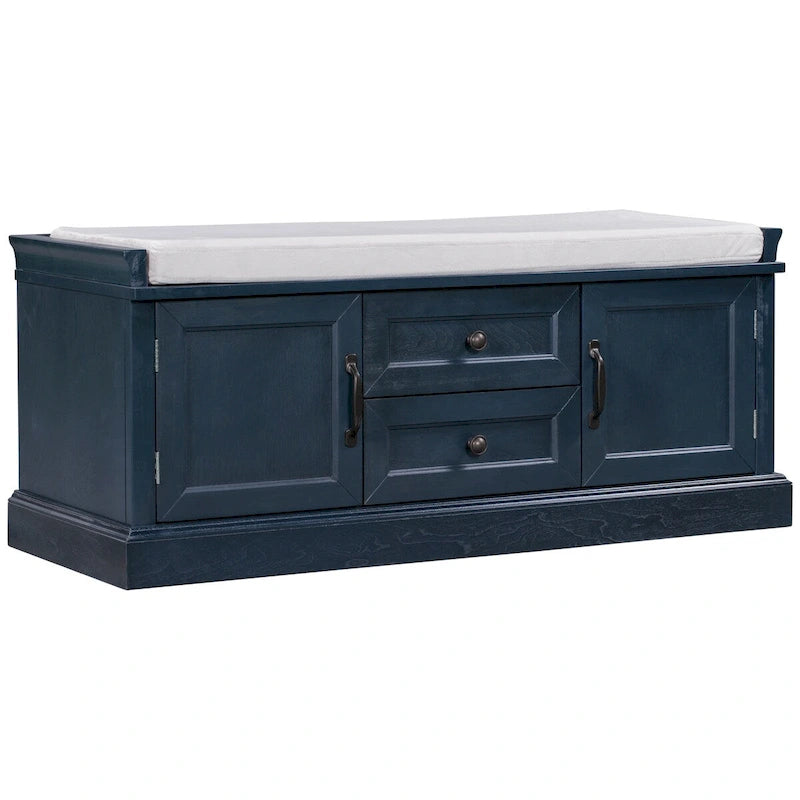Storage Bench with 2 Drawers, 2 Cabinets and Removable Cushion - 42.5L x 15.9W x 17.5H