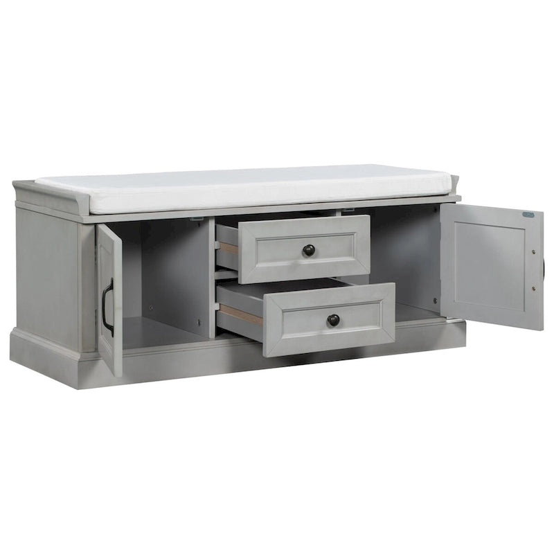 Storage Bench with 2 Drawers, 2 Cabinets and Removable Cushion - 42.5L x 15.9W x 17.5H