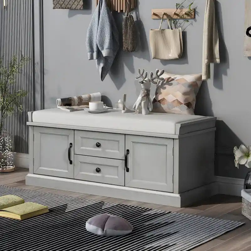 Storage Bench with 2 Drawers, 2 Cabinets and Removable Cushion - 42.5L x 15.9W x 17.5H
