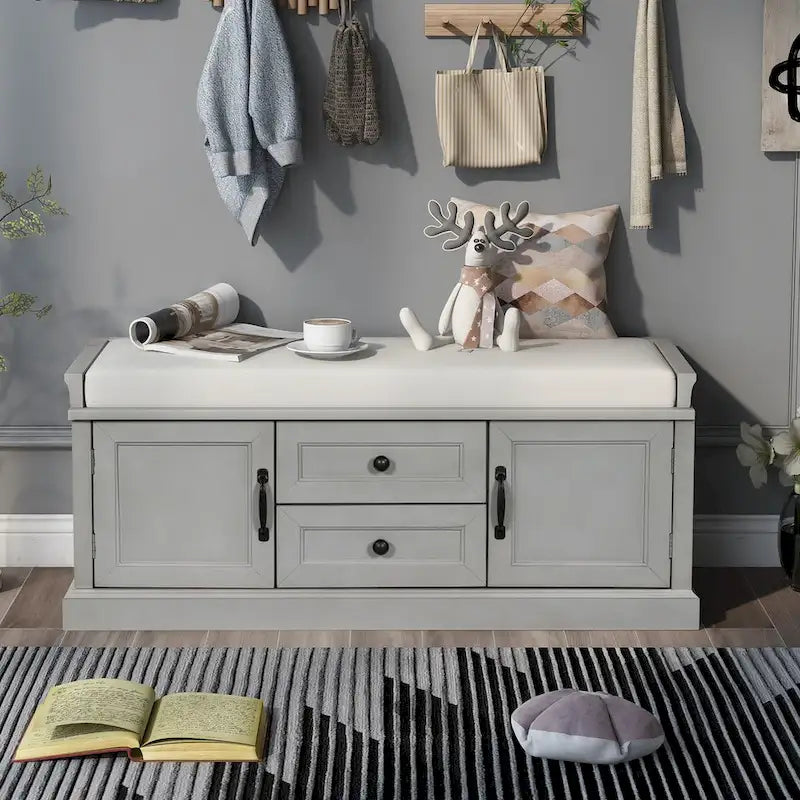 Storage Bench with 2 Drawers, 2 Cabinets and Removable Cushion - 42.5L x 15.9W x 17.5H