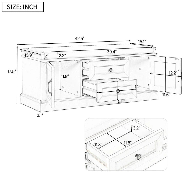 Storage Bench with 2 Drawers, 2 Cabinets and Removable Cushion - 42.5L x 15.9W x 17.5H