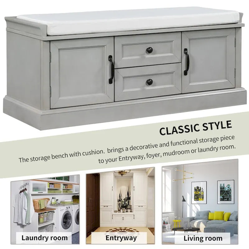 Storage Bench with 2 Drawers, 2 Cabinets and Removable Cushion - 42.5L x 15.9W x 17.5H