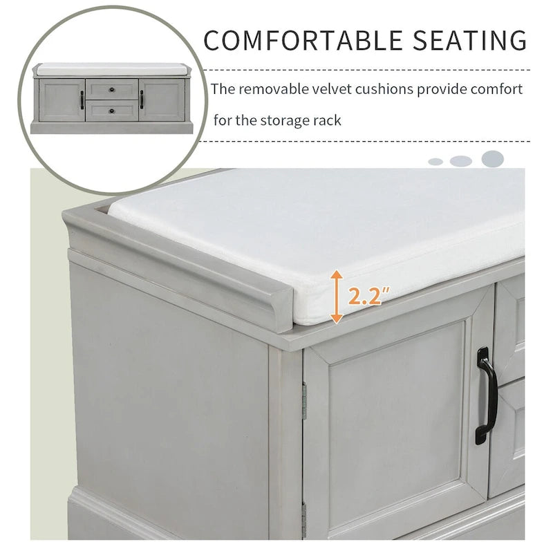 Storage Bench with 2 Drawers, 2 Cabinets and Removable Cushion - 42.5L x 15.9W x 17.5H