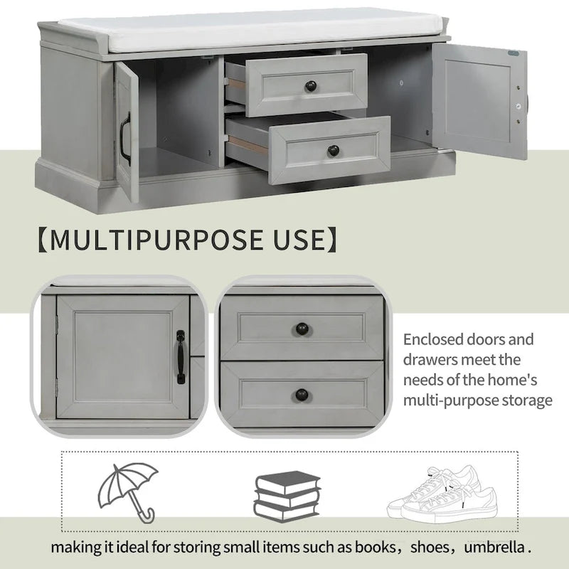 Storage Bench with 2 Drawers, 2 Cabinets and Removable Cushion - 42.5L x 15.9W x 17.5H